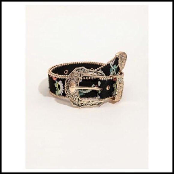 Boho Floral Embroidery Western Cowgirl Belt Vintage Concho Pull On Casual